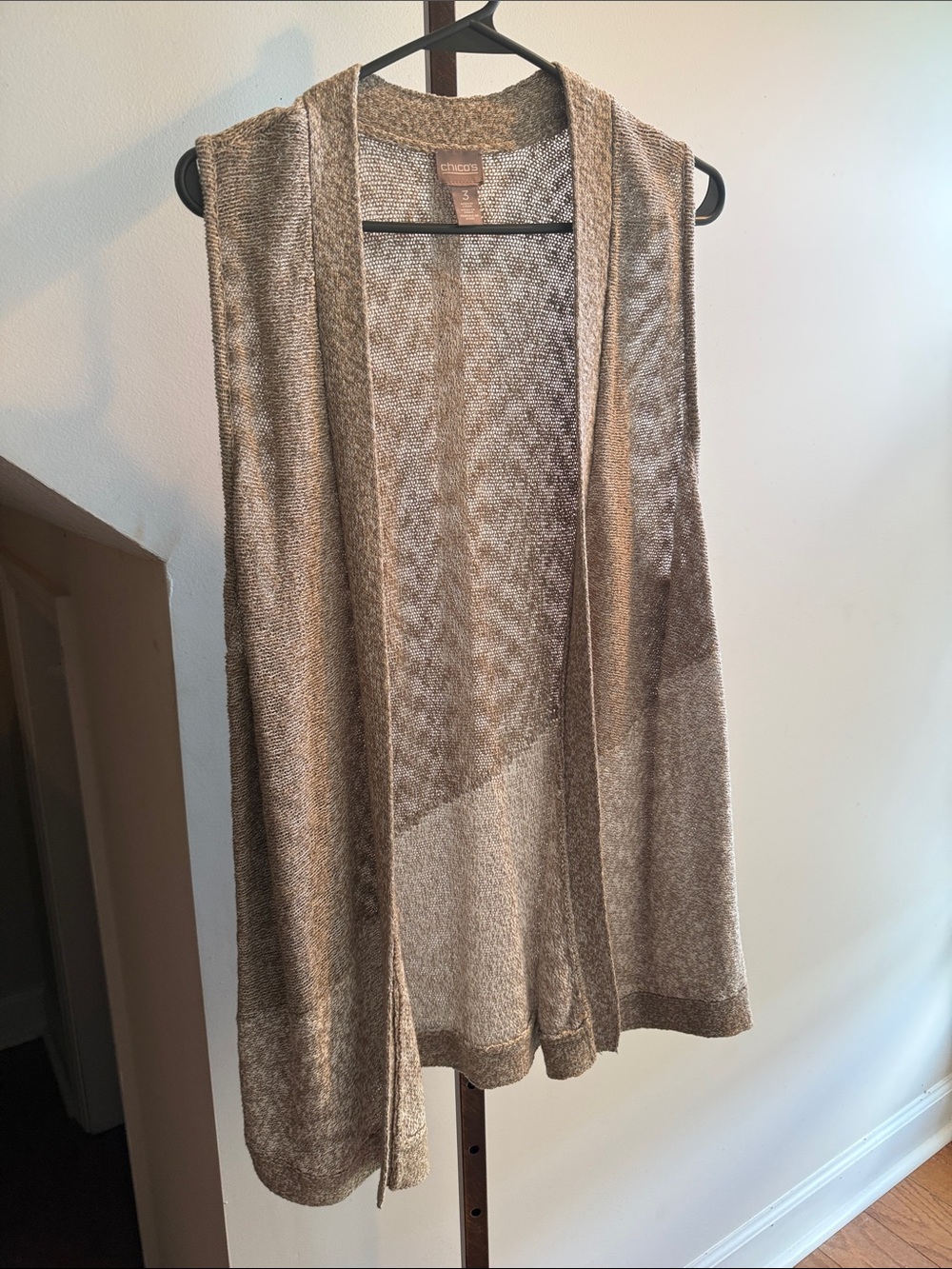 Chico’s Metallic Taupe Open-Front Knit Vest